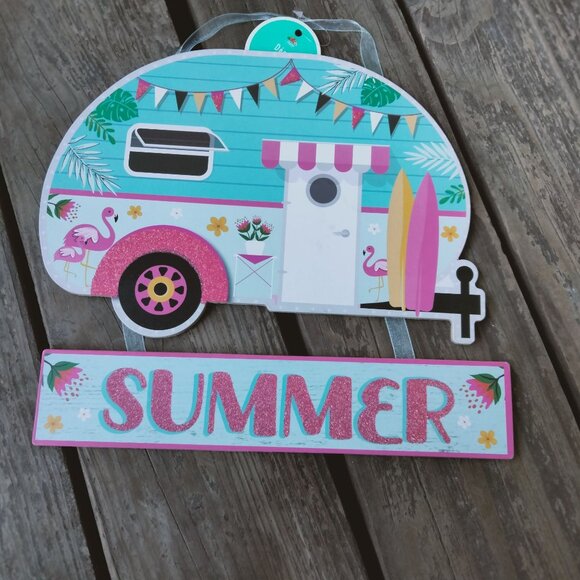 Summer Camper Wall Decor Sign Flamingo Surfboard Retro Boho Tropical Beachy Tiki - Picture 1 of 5